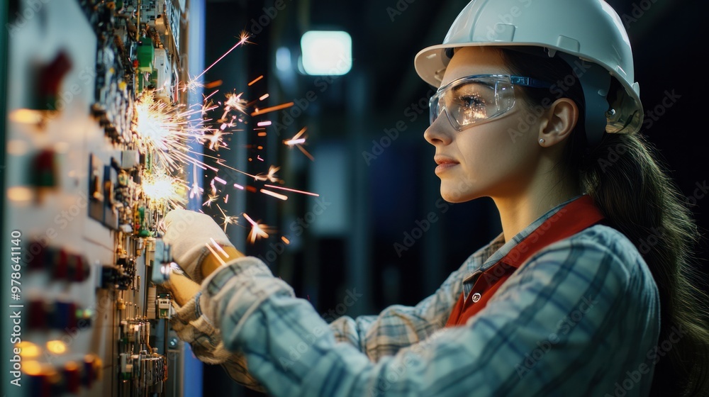 A female electrical engineer working on a complex electrical panel, sparks flying, intense concentration, A female electrical engineer working on a complex electrical panel, sparks flying, intense concentration,