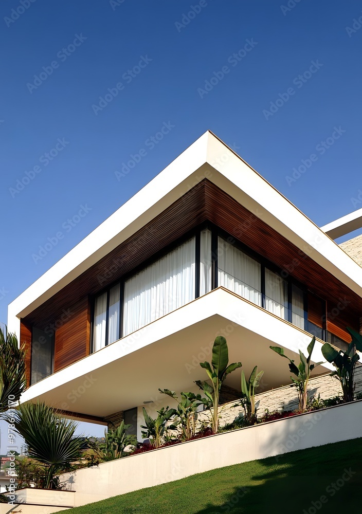 Fototapeta premium Modern House with Wooden Paneling and Large Windows