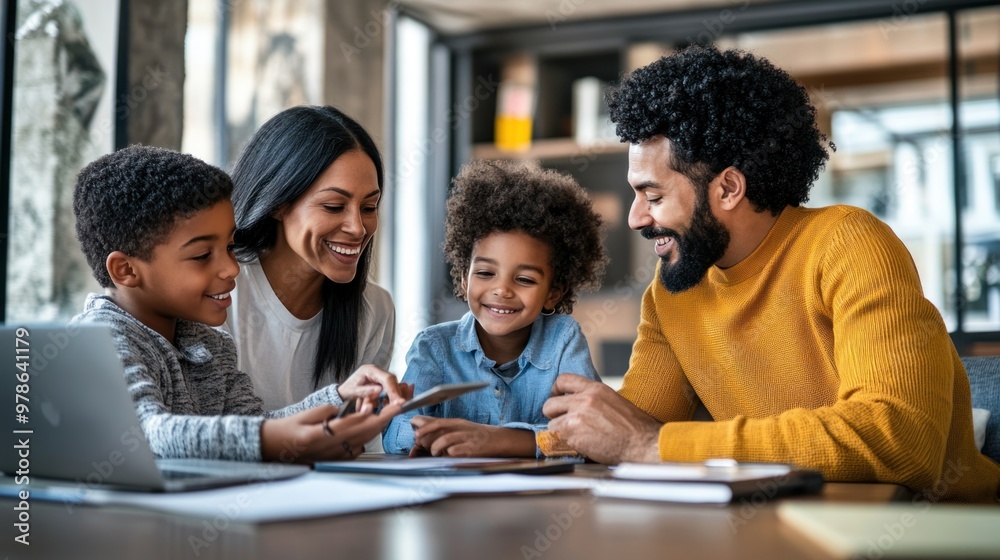 A family discussing their financial future with a financial planner, interactive digital tools, warm and reassuring atmosphere, professional yet personal