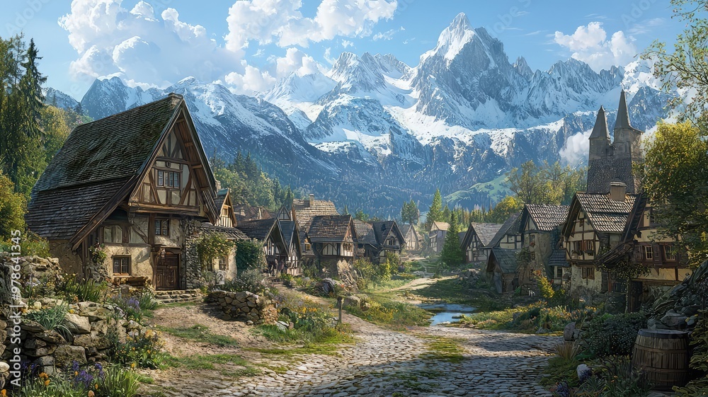 A serene village nestled in the mountains, with charming houses and lush greenery, ideal for nature and landscape enthusiasts. A serene village nestled in the mountains, with charming houses and lush greenery, ideal for nature and landscape enthusiasts.