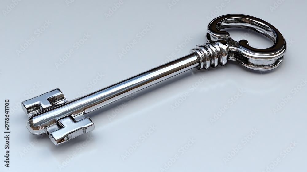 A shiny, ornate key resting on a smooth surface. A shiny, ornate key resting on a smooth surface.