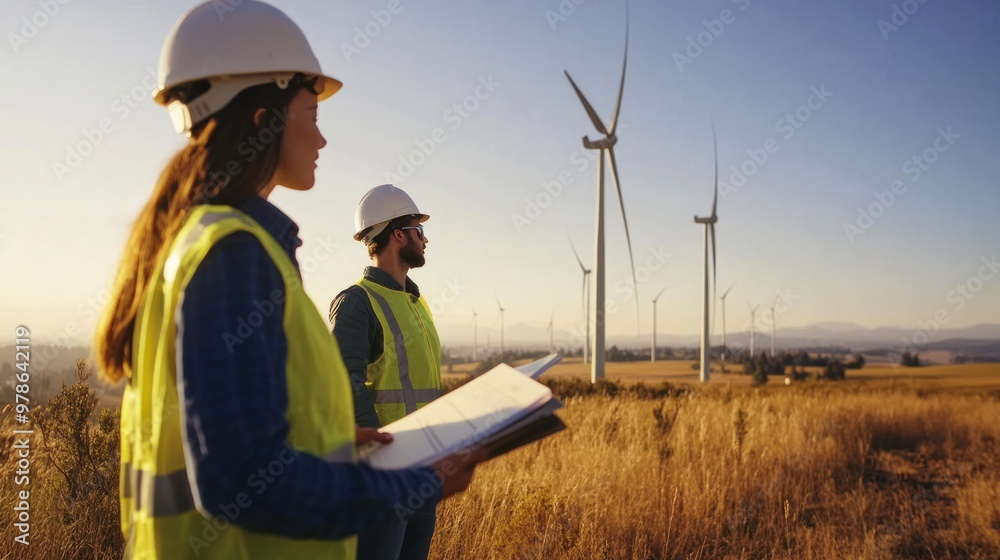 A group of engineers at a wind farm, studying the power generation efficiency of wind turbines, A group of engineers at a wind farm, studying the power generation efficiency of wind turbines,