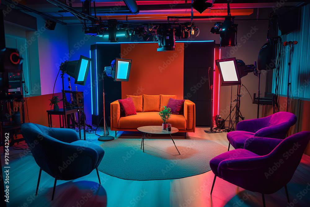 Fototapeta premium A modern studio setup featuring colorful seating and lighting for interviews or discussions.
