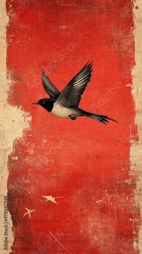 A graceful bird flies against a vibrant red background. This artistic image captures movement and freedom. Perfect for nature lovers and art enthusiasts. Ideal for prints and digital use. AI photo