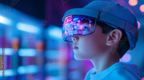 Young Boy Wearing VR Headset Futuristic Technology Neon Lights