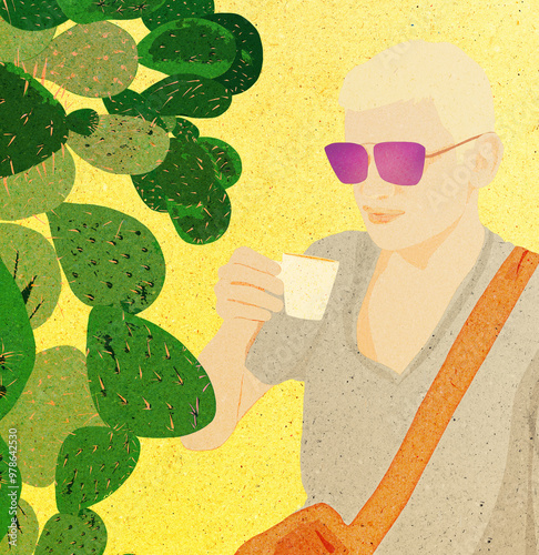 Ilustracja portret młodego człowieka w różowych okularach z filiżanką kawy w dłoni. Zielone kłujące kaktusy na żółtym tle.