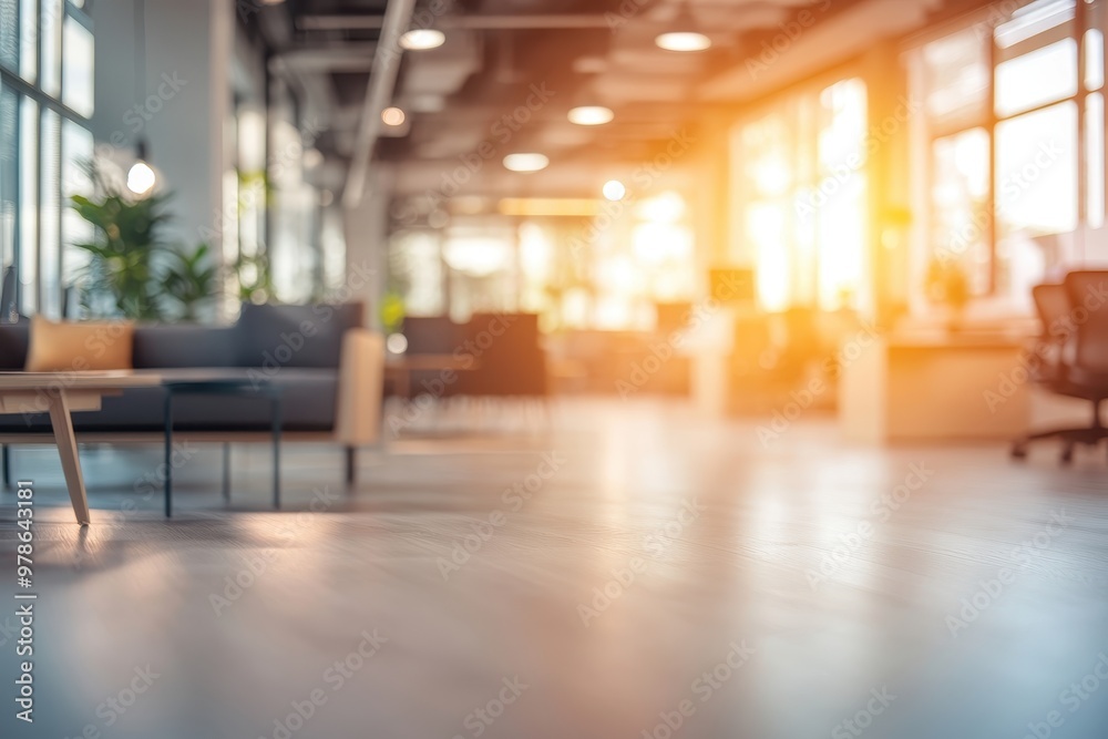 Fototapeta premium Modern office interior with seating, plants, and natural light.