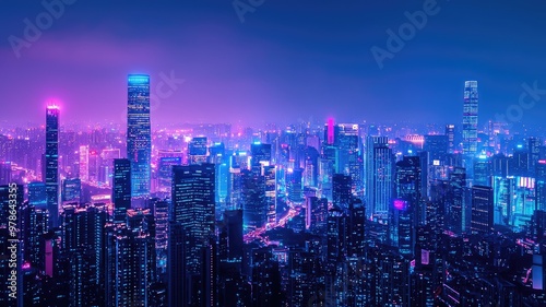 A stunning nighttime cityscape featuring vibrant neon lights illuminating the skyline, showcasing modern architecture and urban beauty.