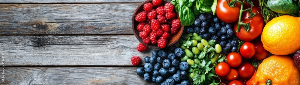 Fresh Fruit and Vegetables on Wooden Background Fresh Fruit and Vegetables on Wooden Background