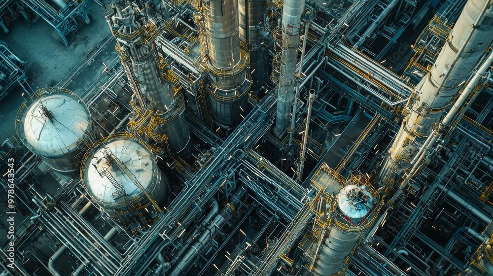 Close-up of green hydrogen production units within a sprawling oil refinery, high-tech machinery and pipelines working together to create sustainable energy within the heart of the oil industry Close-up of green hydrogen production units within a sprawling oil refinery, high-tech machinery and pipelines working together to create sustainable energy within the heart of the oil industry