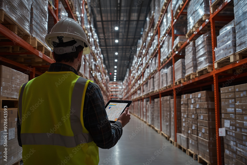 warehouse worker in helmet using a tablet to check shelves warehouse worker in helmet using a tablet to check shelves