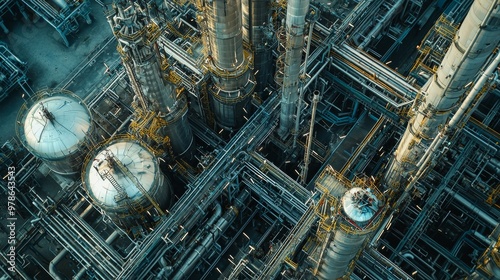 Close-up of green hydrogen production units within a sprawling oil refinery, high-tech machinery and pipelines working together to create sustainable energy within the heart of the oil industry