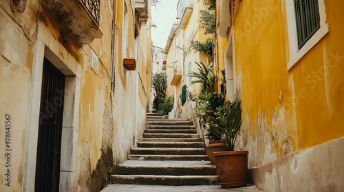 Yellow Building Staircase in Narrow Alleyway