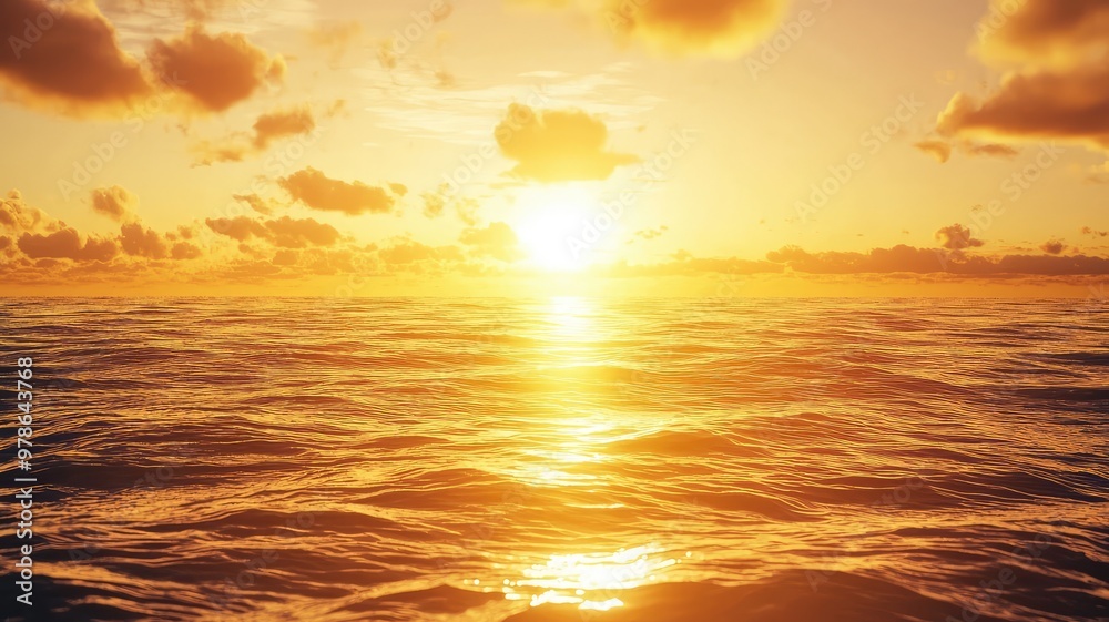 Fototapeta premium A stunning sunset over a calm ocean, with golden hues reflecting on the water, creating a serene and tranquil atmosphere.