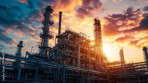 Close-up of green hydrogen production units within a sprawling oil refinery, high-tech machinery and pipelines working together to create sustainable energy within the heart of the oil industry