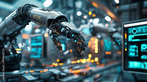 Close-up shot of a futuristic power plant, with AI-controlled robotic arms optimizing energy production processes, glowing energy circuits in the background, surrounded by a high-tech control room