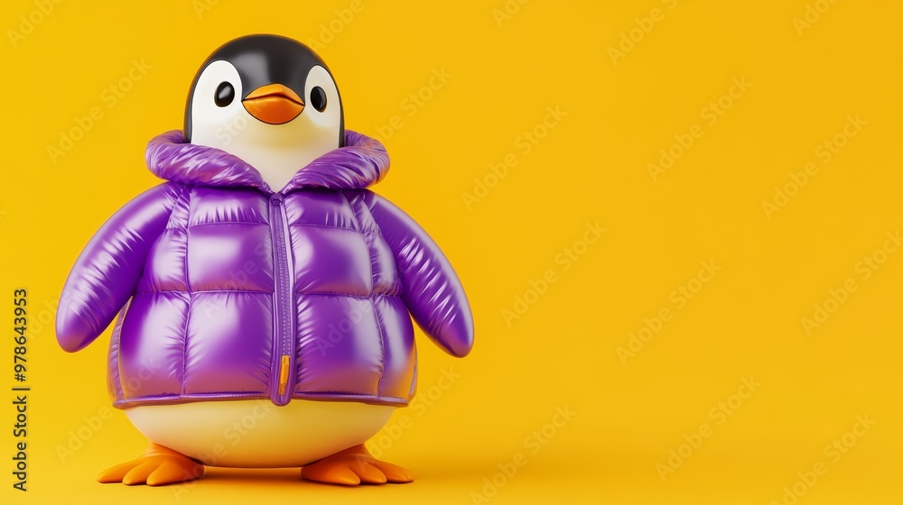 Cute Cartoon Penguin Wearing Purple Puffer Jacket on Yellow Background Cute Cartoon Penguin Wearing Purple Puffer Jacket on Yellow Background