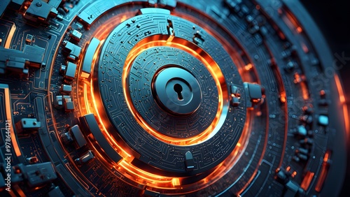A glowing orange and blue circular device with a keyhole in the center. The device has a futuristic and technological design, with a circuit board pattern.