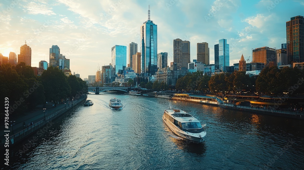 Fototapeta premium A stunning view of a city skyline at sunset, with boats on a river reflecting the vibrant colors of the evening sky.