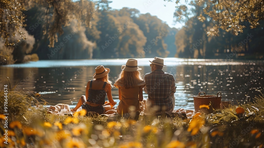 Obraz premium A family of four is enjoying a picnic by a lake