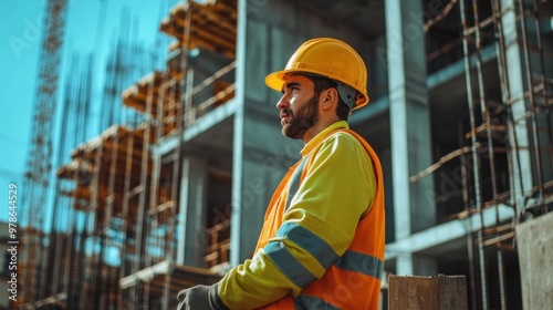 Motivated construction worker building a modern structure in an urban setting precise movements safety gear on site