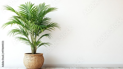 A Lush Green Palm Tree in a Wicker Basket Against a White Wall. Copy Space For Add Text. 3D Illustration. Generate Ai Image