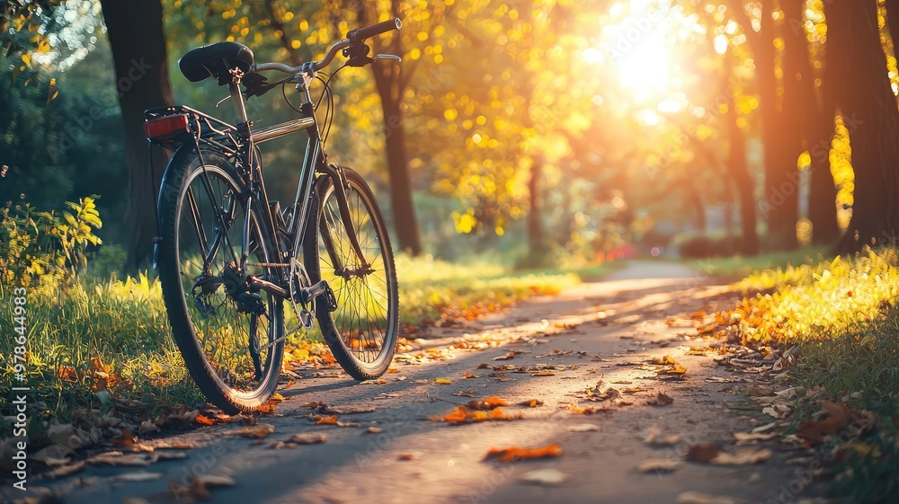 A tranquil scene of a bicycle resting on a sunlit path surrounded by autumn foliage and trees, perfect for nature lovers. A tranquil scene of a bicycle resting on a sunlit path surrounded by autumn foliage and trees, perfect for nature lovers.