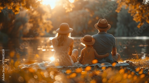 A family of four is enjoying a picnic by a lake