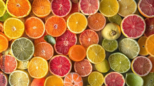 A vibrant assortment of sliced citrus fruits showcasing an array of colors and textures, perfect for culinary or design projects.