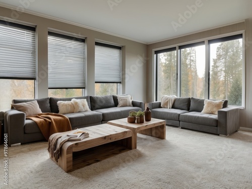 Modern living room with two grey sofas and wooden coffee tables