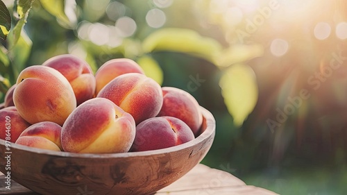 A vibrant bowl of fresh peaches basking in sunlight, showcasing their juicy texture and inviting appearance, perfect for summer meals. photo