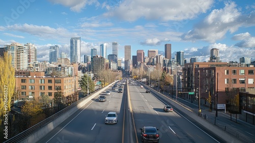 A vibrant city skyline with modern architecture under a blue sky, showcasing urban life and traffic on a bustling road.