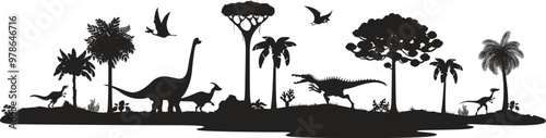 Prehistoric dinosaur silhouettes. Isolated vector black panoramic scene of Jurassic era landscape with dino species shadow, flying pterosaurs and towering sauropods, exotic trees and rugged terrain