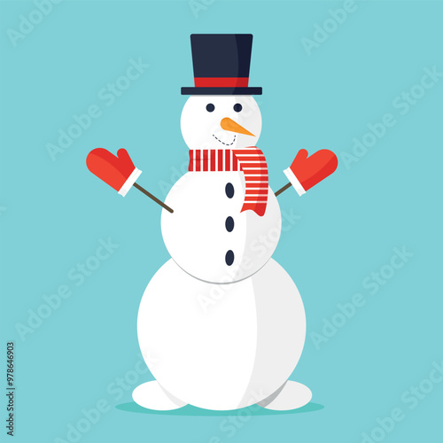 Happy snowman with red scarf and hat. Winter character. Merry Christmas and Happy New Year.