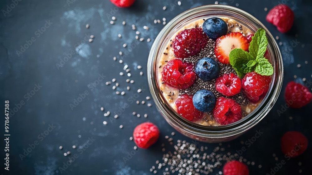 A vibrant jar of healthy chia pudding topped with fresh berries and mint, perfect for a nutritious breakfast or snack. A vibrant jar of healthy chia pudding topped with fresh berries and mint, perfect for a nutritious breakfast or snack.