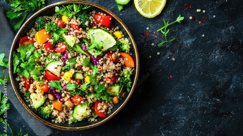 A vibrant quinoa salad with colorful vegetables, fresh herbs, and a hint of lemon on a dark stone background. A vibrant quinoa salad with colorful vegetables, fresh herbs, and a hint of lemon on a dark stone background.