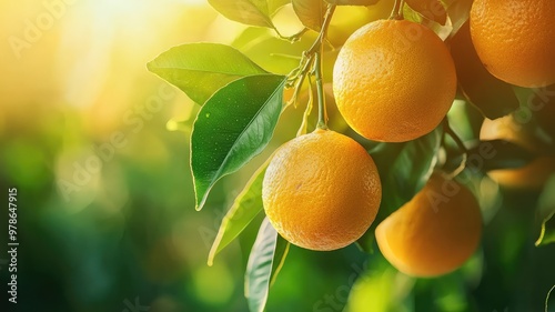 A vibrant scene of fresh oranges hanging from lush green branches, illuminated by warm sunlight, showcasing nature's beauty.