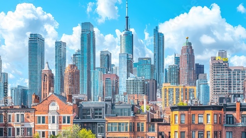 A vibrant skyline view showcasing modern skyscrapers against a bright blue sky, highlighting urban architecture and city life.