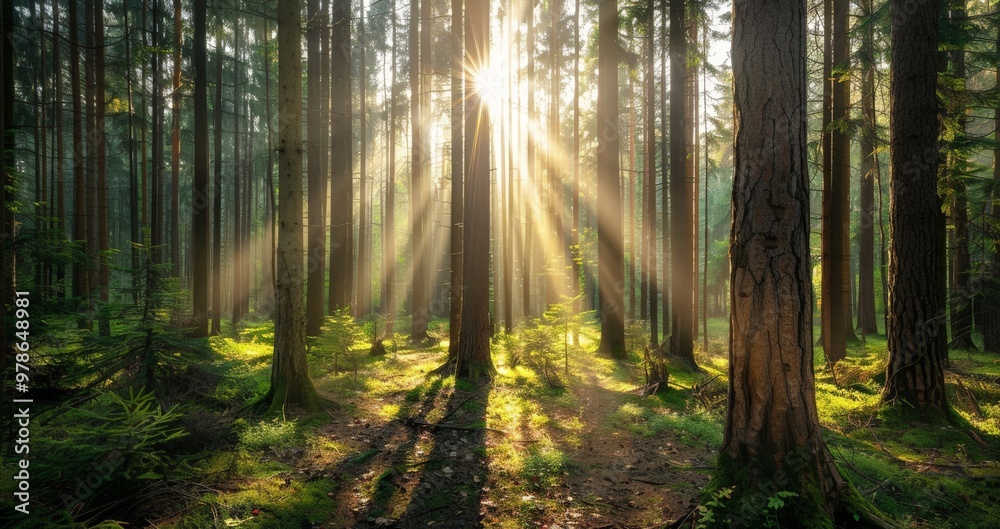 Obraz premium Dense forest with sunlight streaming through the tall trees