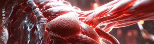 Close-up view of human muscle tissue, showcasing intricate details of anatomy, vibrant colors, and rich textures for educational use.