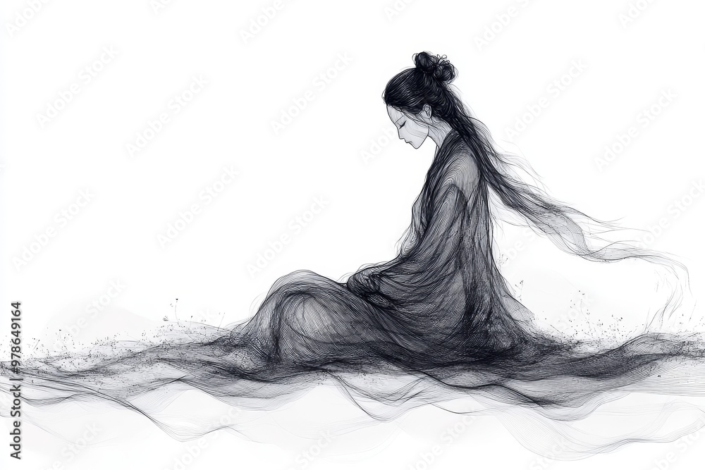 Fototapeta premium Abstract Woman in Traditional Dress with Flowing Lines