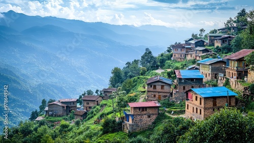 Breathtaking hillside village surrounded by lush mountains, showcasing colorful houses under a clear blue sky.