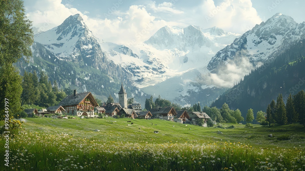 Breathtaking mountain village surrounded by lush greenery and majestic peaks, offering a serene and picturesque landscape.