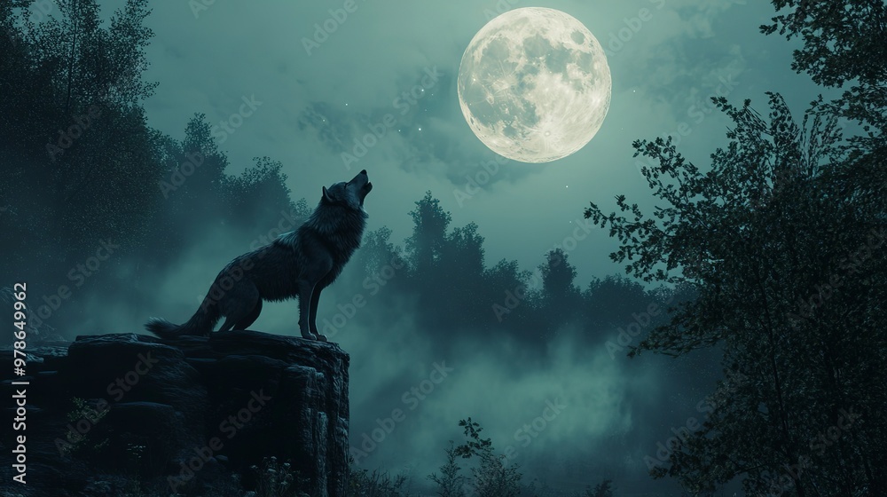 At the edge of a forest, a wolf howls under the full moon, its call echoing near an enchantingly illuminated banner At the edge of a forest, a wolf howls under the full moon, its call echoing near an enchantingly illuminated banner