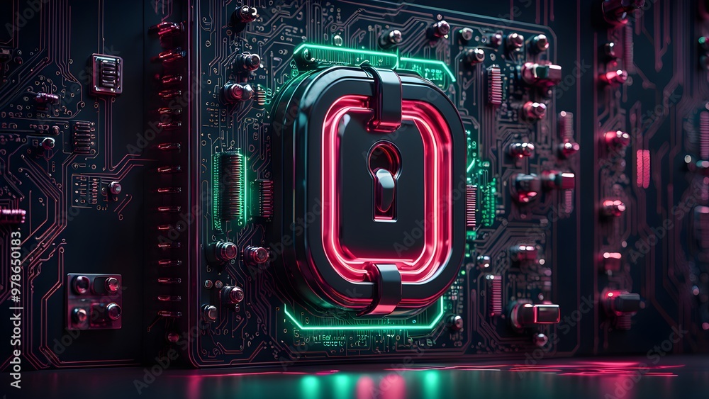 Fototapeta premium A glowing padlock symbol on a circuit board with a dark background.