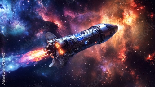 Advanced propulsion systems, spacecraft accelerating towards deep space using ion propulsion, sleek design and high-tech visuals, stars and nebulae in the background