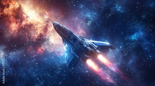 Advanced propulsion systems, spacecraft accelerating towards deep space using ion propulsion, sleek design and high-tech visuals, stars and nebulae in the background