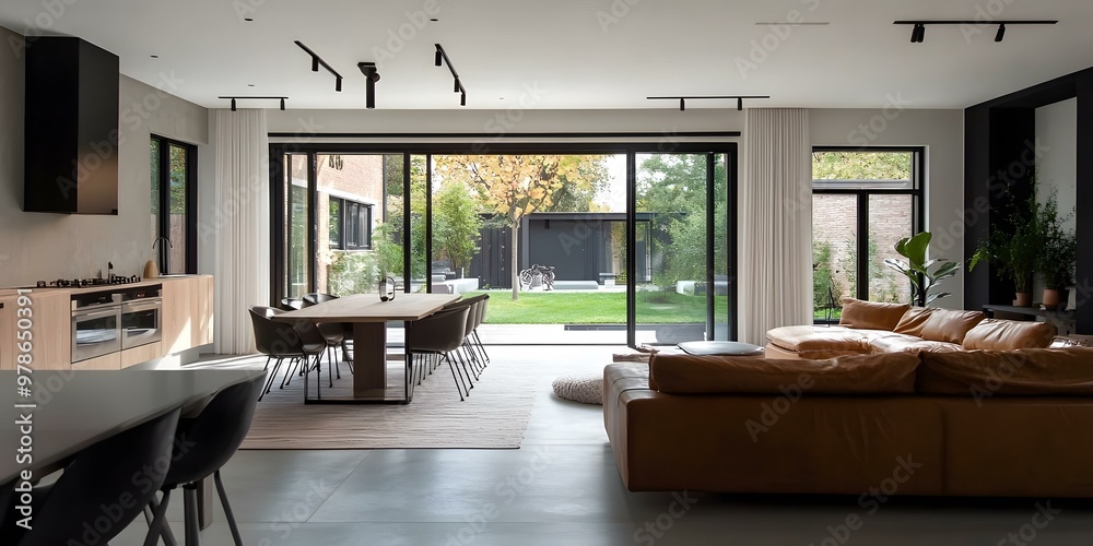 Fototapeta premium Modern Minimalist Living Room with Sliding Glass Doors Leading to Backyard