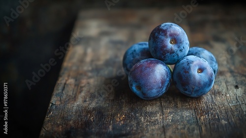 Obraz na płótnie Plums on Wooden Tabletop : Generative AI