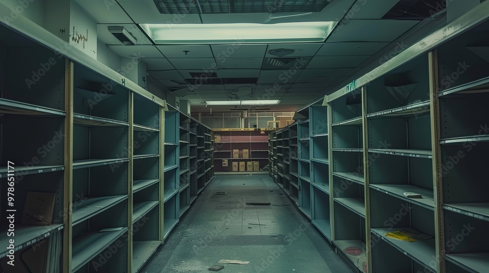 An empty retail store with abandoned shelves and a forlorn atmosphere.Natural lighting enhances the desolate mood, emphasizing the emptiness An empty retail store with abandoned shelves and a forlorn atmosphere.Natural lighting enhances the desolate mood, emphasizing the emptiness